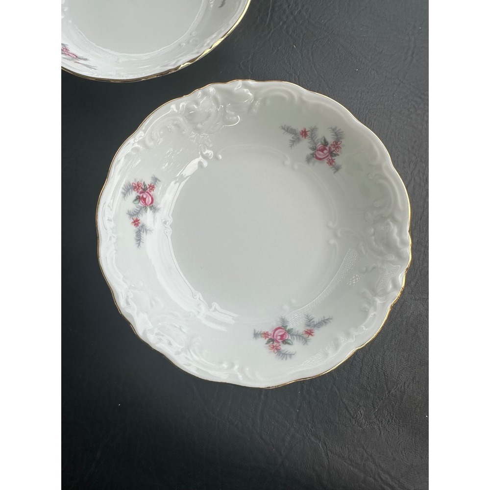 Set of 7 Wawel Poland‎ Porcelain Fruit Bowls White Pink Rose Scalloped Gold Rim
